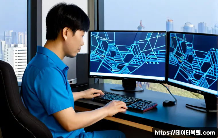 상계동 BAD_POOL_CALLER - Photorealistic IT support workstation in a compact apartment office, dual monitors showing abstract ...