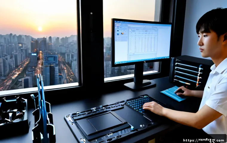 서원동 IRQL_NOT_LESS_OR_EQUAL - Photorealistic IT support workstation in a compact Seowon-dong office, dual monitors showing a clean...