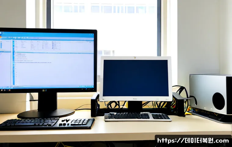 신길동 윈도우11 windows11 재설치 포맷 초기화 - Photorealistic remote IT support workstation in a compact Singil-dong apartment office, dual monitor...