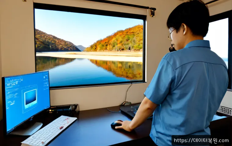 남종면 DRIVER_PORTION_MUST_BE_NONPAGED - Photorealistic remote-support workstation in a quiet Namjong-myeon lakeside home office, dual monito...