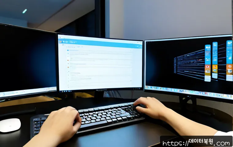 율현동 Press Ctrl Alt Del to restart - Photorealistic IT support workstation in a modern Yulhyeon-dong apartment office, dual monitors show...