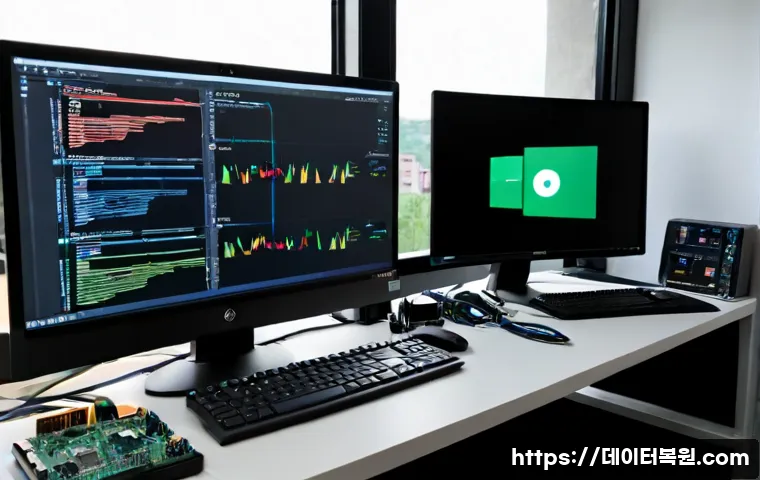 암사동 IRQL_NOT_LESS_OR_EQUAL - Photorealistic IT support workstation in a compact apartment near a riverside neighborhood, dual mon...