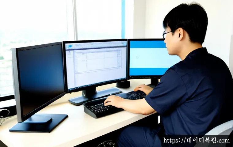 일산서구 팬돌다 멈춤 - Photorealistic remote-support workstation in a modern apartment office, desktop tower with side pane...