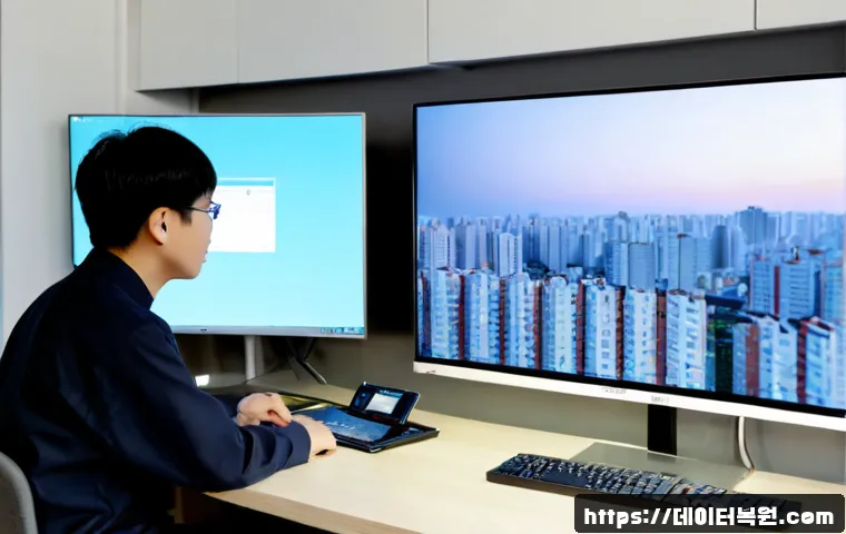 원신동 STATUS_FILE_CORRUPTION - Photorealistic remote-support workstation in a compact Wonshin-dong apartment office, dual monitors ...