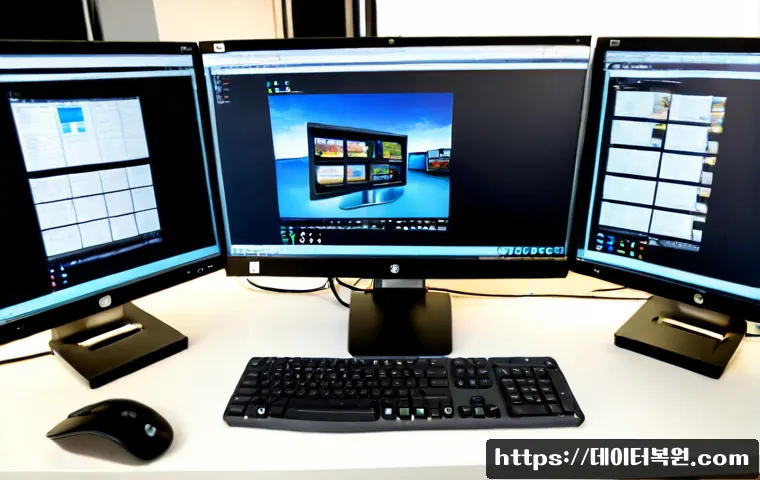 중구 STATUS_FILE_CORRUPTION - Photorealistic IT support workstation in a compact Jung-gu office, dual monitors showing a complex C...