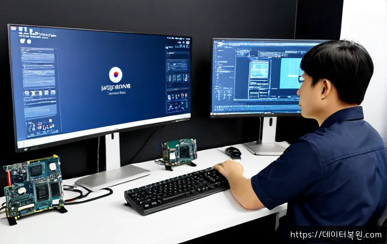 미성동 STATUS_KERNEL_SECURITY_CHECK - Photorealistic IT support workstation in a compact Miseong-dong office, dual monitors showing a clea...