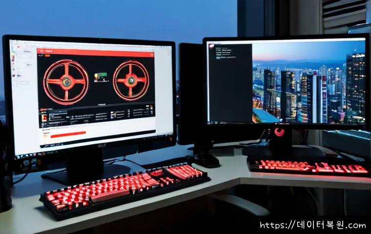 광진구 WATCHDOG_VIOLATION - Photorealistic IT support workstation in Gwangjin-gu, dual monitors displaying a clean CAD-style mec...