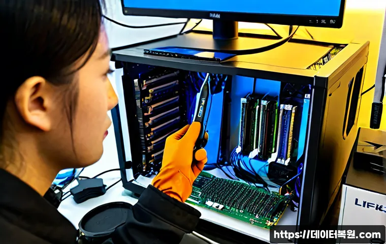 월곡동 SSD조립 및 교체수리 - Photorealistic computer repair workstation in a compact Wolgok-dong electronics shop, technician wea...