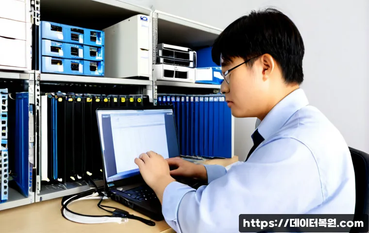 저동 파일서버출장방문수리점 - Photorealistic IT technician repairing a rack-mounted file server in a compact Jeodong office, diagn...