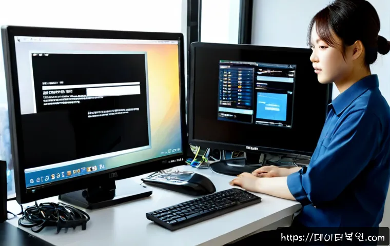 중계동 프리도스 윈도우설치 - Photorealistic desktop support scene in a compact Junggye-dong apartment study, technician configuri...
