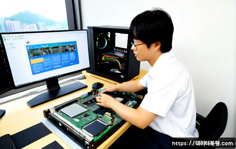 도렴동 그래픽카드조립 및 교체수리 - Photorealistic PC repair workstation in a compact Doryeom-dong office, technician carefully installi...