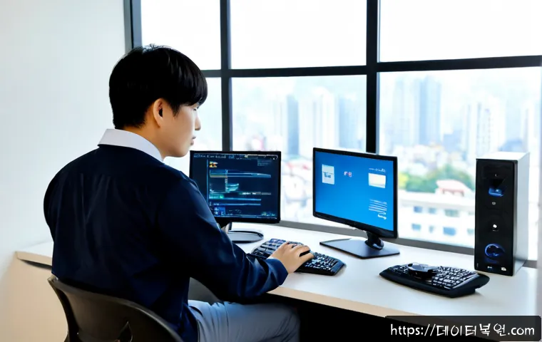 신내동 CLOCK_WATCHDOG_TIMEOUT - Photorealistic IT support workstation in a compact Sinnae-dong apartment office, dual monitors showi...