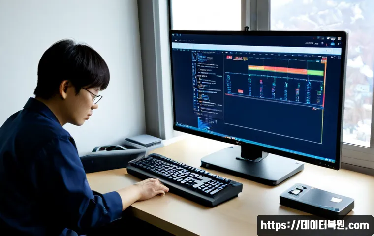 냉천동 STATUS_KERNEL_APC_PENDING - Photorealistic IT support workstation in a compact hillside apartment office, dual monitors showing ...