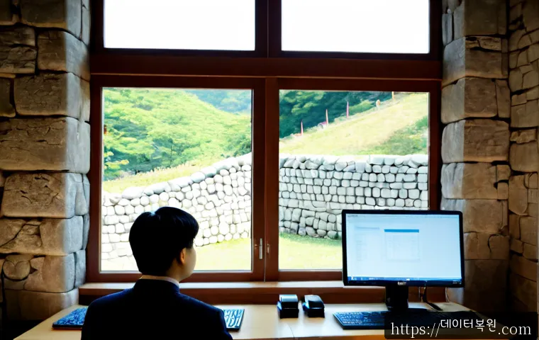 정동 CRITICAL_OBJECT_TERMINATION - Photorealistic IT support workstation in a quiet Jeongdong-style heritage office, dual monitors show...