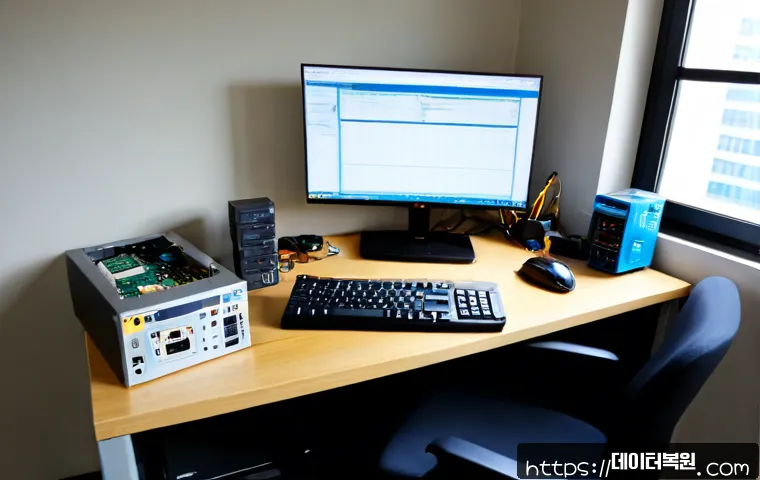 풍납동 부팅안됨 - Photorealistic PC repair workstation in a compact Pungnap-dong office, desktop tower opened beside a...