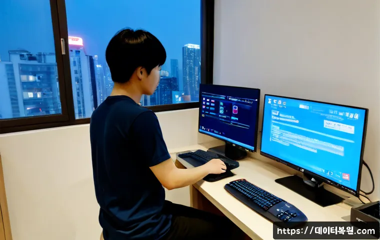 갈현동 STATUS_KERNEL_STACK_CORRUPTION - Photorealistic remote-support workstation in a compact Galhyeon-dong apartment office, dual monitors...