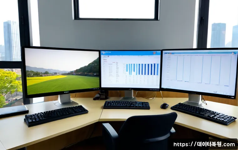 장교동 STATUS_DATATYPE_MISALIGNMENT - Photorealistic IT analyst workstation in a compact central Seoul office, dual monitors showing abstr...