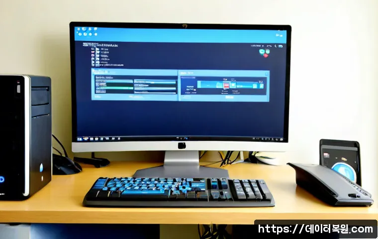 성북구 STATUS_KERNEL_POWER_FAILURE - Photorealistic IT support workstation in a compact Seongbuk-gu apartment office, dual monitors showi...