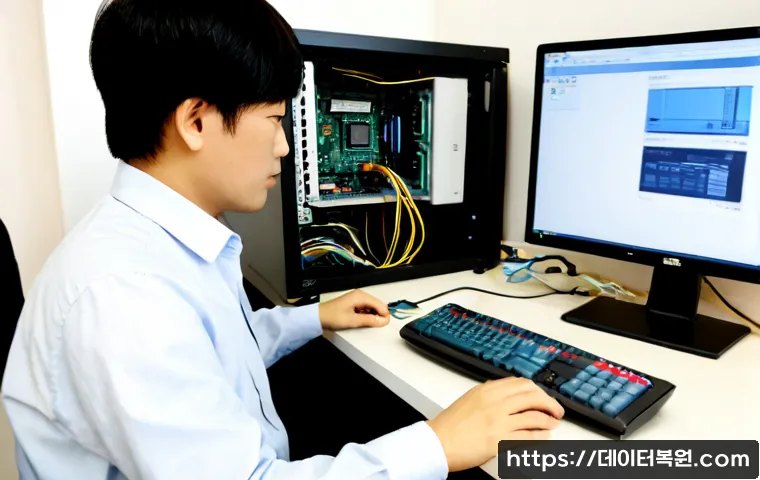 사직동 본체 꺼졌다 켜졌다 할때 - Photorealistic remote PC repair workspace in Sajik-dong, a desktop tower repeatedly restarting besid...