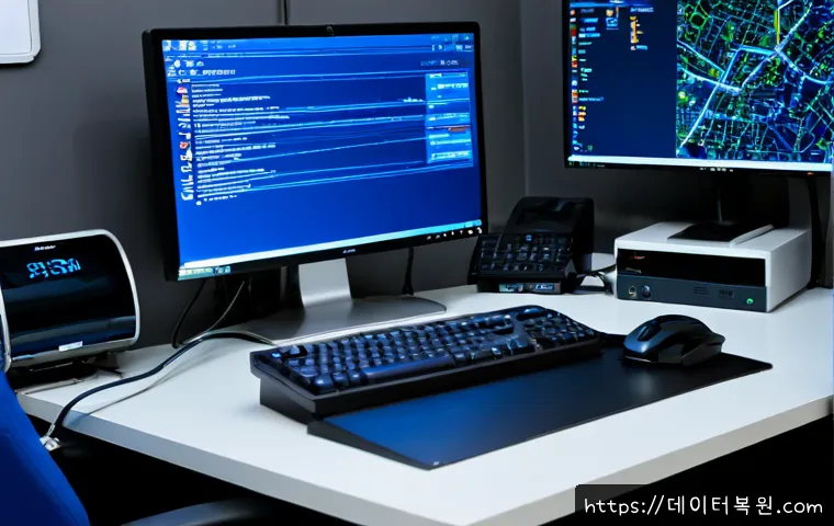 마장동 NDIS_INTERNAL_ERROR - Photorealistic IT support workstation in a compact office near a traditional market district, deskto...
