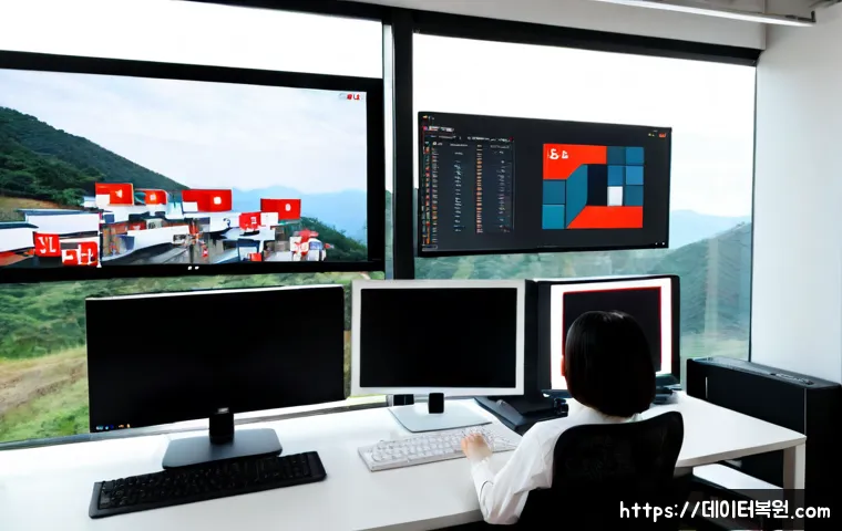 이태원 STATUS_FILE_INVALID - Photorealistic IT support workstation in a stylish Itaewon creative studio, dual monitors showing an...