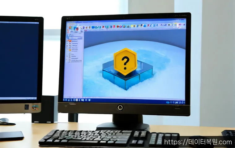 삼동 SOFTWARE_EXCEPTION - Photorealistic software support workstation in Samdong, a desktop monitor showing a blank frozen CAD...