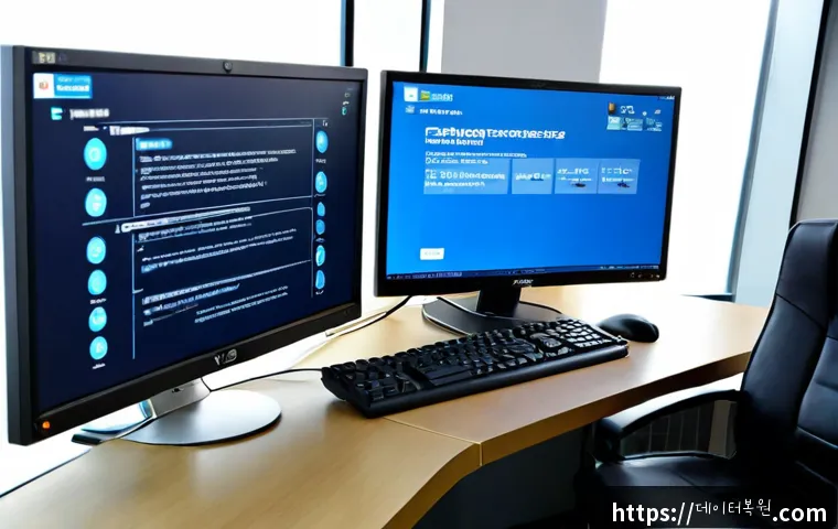 용산동 WATCHDOG_VIOLATION - Photorealistic IT support workstation in a modern Yongsan-dong office, dual monitors showing a gener...