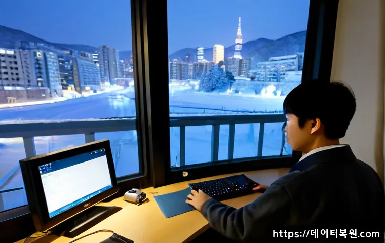 응암동 STATUS_IO_TIMEOUT - Photorealistic remote-support workstation in a compact Eungam-dong apartment office, desktop monitor...