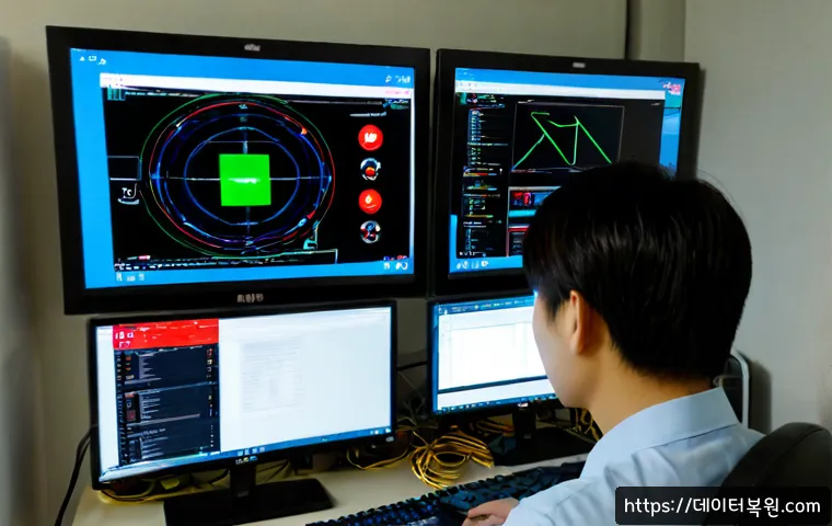 학온동 STATUS_NETWORK_ACCESS_DENIED - Photorealistic IT support workstation in a compact Korean apartment office, dual monitors showing a ...