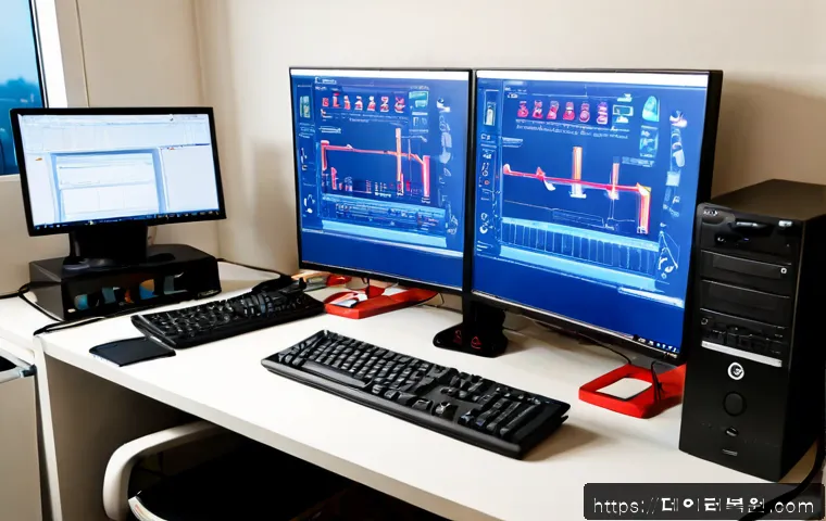미아동 STATUS_RESOURCE_NOT_OWNED - Photorealistic IT support workstation in a compact Mia-dong apartment office, dual monitors showing ...