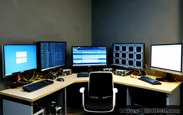 황학동 STATUS_SYSTEM_PROCESS_TERMINATED - Photorealistic remote-support workstation in a compact Hwanghak-dong electronics repair shop, dual m...
