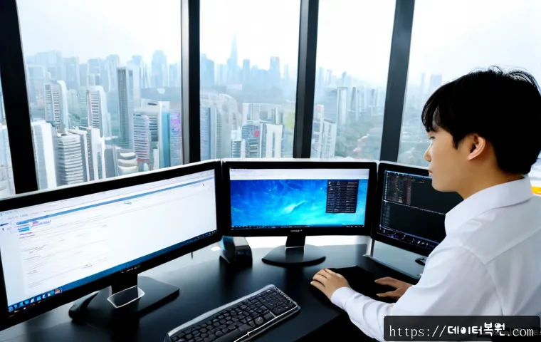 삼성동 STATUS_INVALID_THREAD - Photorealistic premium IT support workstation in a Samsung-dong high-rise office, dual monitors show...