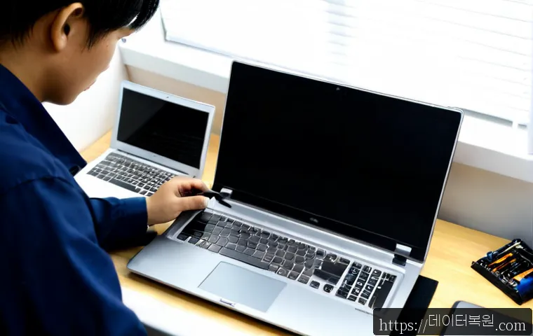 소하동 맥북프로 판매 및 수리 - Photorealistic premium laptop repair workstation in a compact Sohadong electronics studio, unbranded...