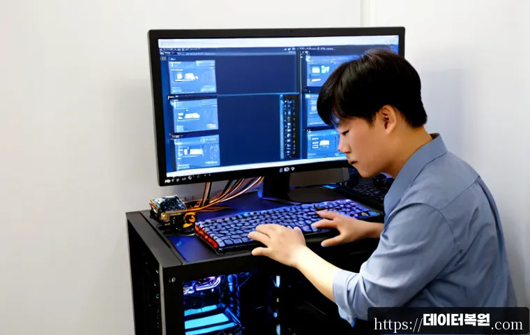 동교동 컴퓨터업그레이드 - Photorealistic computer upgrade workshop in Donggyo-dong, Seoul, technician installing a high-perfor...