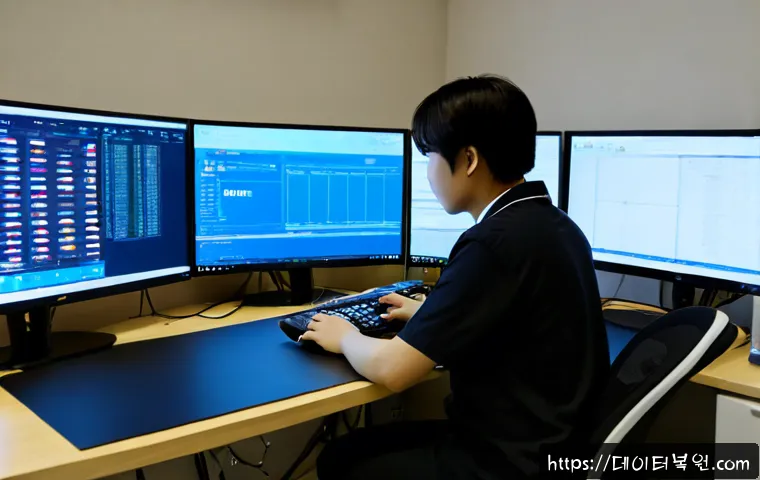 능곡동 케이블연결확인 - Photorealistic remote-support technician inspecting Ethernet and power cables behind a dual-monitor ...