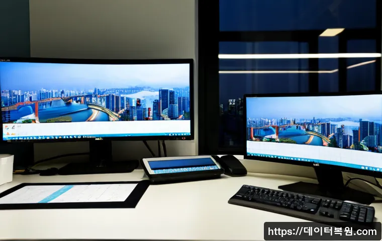 여의도 VIDEO_MEMORY_MANAGEMENT_INTERNAL - Photorealistic IT support workstation in a high-rise Yeouido office, dual monitors showing an abstra...