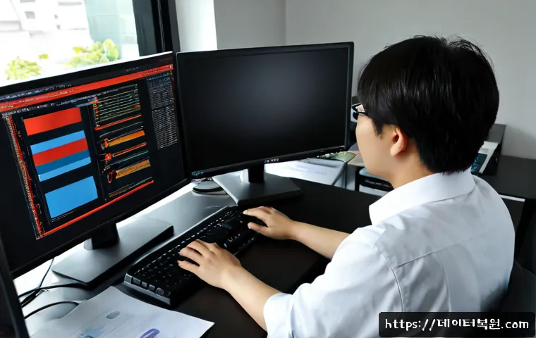 원당동 STATUS_STACK_OVERFLOW - Photorealistic software support specialist at a dual-monitor workstation, diagnosing an abstract lay...