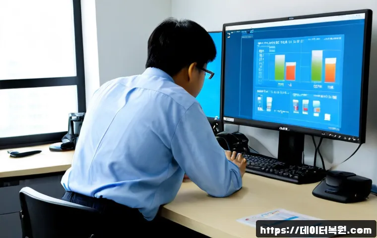 양천구 WHEA_UNCORRECTABLE_ERROR - Photorealistic IT support workstation in a Yangcheon residential office, dual monitors showing a bla...