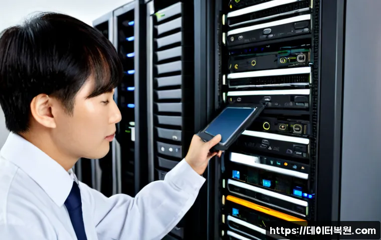 여의도 서버출장방문수리점 - Photorealistic on-site server repair inside a sleek Yeouido financial-office equipment room, technic...