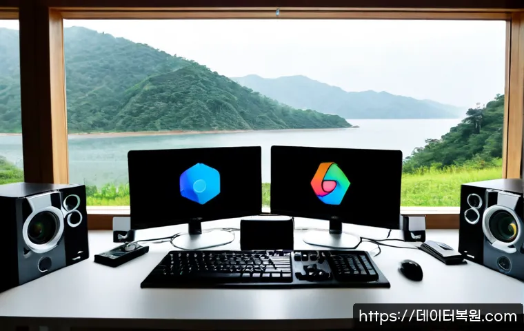 청평면 VIDEO_TDR_FAILURE - Photorealistic remote-support workstation in a quiet Cheongpyeong lakeside home office, dual monitor...