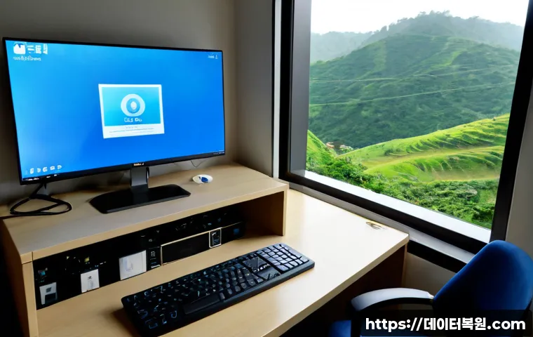 진관동 STATUS_KERNEL_DRIVER_CORRUPTION - Photorealistic IT support workstation in a quiet Jingwan-dong apartment office, dual monitors showin...