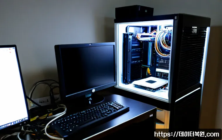 창천동 INTERNAL_POWER_ERROR - Photorealistic IT support workstation in Changcheon-dong, a desktop tower opened beside a dark monit...