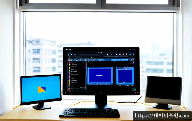 홍대 STATUS_KERNEL_CONFIGURATION_ERROR - Photorealistic remote-support workstation in a compact Hongdae creative studio, desktop monitor show...