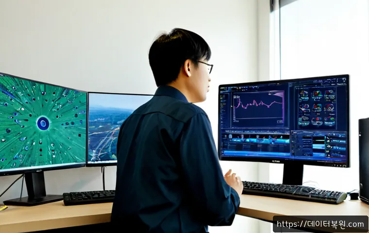 세곡동 STATUS_KERNEL_THREAD_FAILURE - Photorealistic IT support workstation in a modern apartment office near a quiet green Seoul resident...