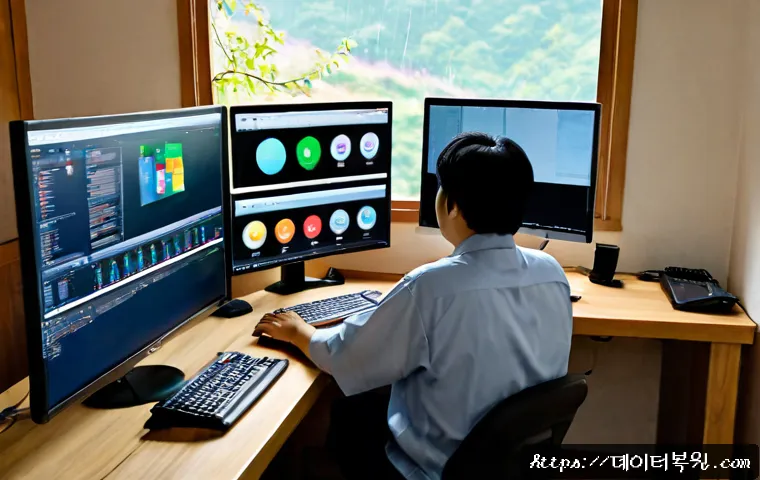 성북동 POOL_CORRUPTION_IN_FILE_AREA - Photorealistic remote-support workstation in a quiet hillside Seoul home office, dual monitors showi...
