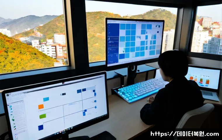 남학동 STATUS_INVALID_DISPOSITION - Photorealistic remote-support workstation in a compact Namhak-dong design office, dual monitors show...