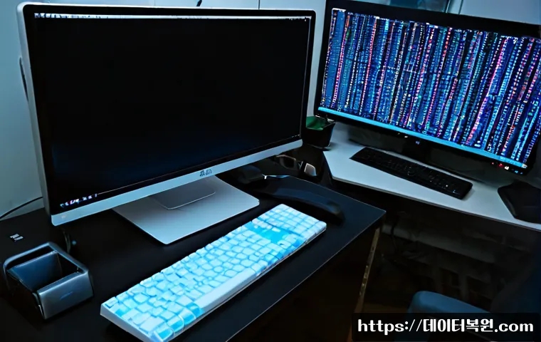 관철동 STATUS_STACK_OVERFLOW - Photorealistic software engineer workstation in a compact downtown Seoul office near an old market d...