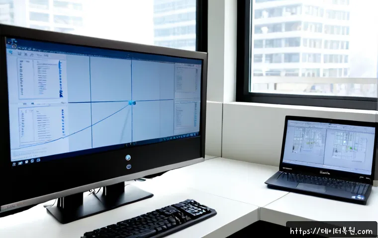 서대문구 STATUS_KERNEL_CONNECTION_TIMEOUT - Photorealistic IT support workstation in a modern Seodaemun district office, dual monitors showing a...