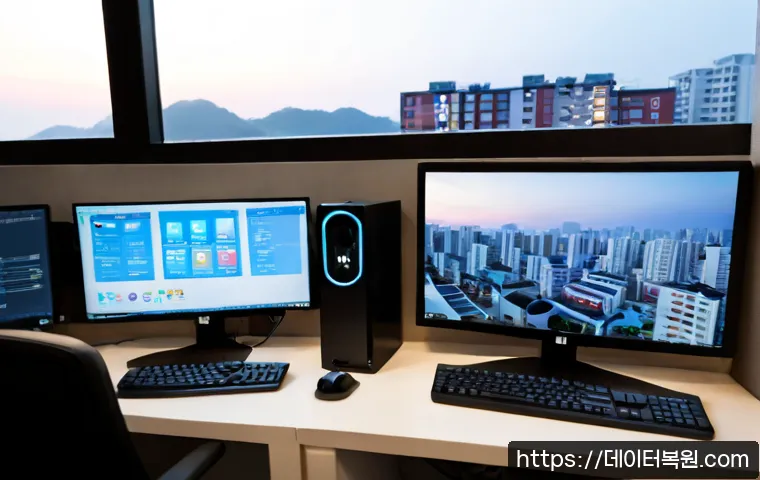 이문동 SESSION_HAS_VALID_VIEWS_ON_EXIT - Photorealistic IT support workstation in Imun-dong, Seoul, dual monitors showing a clean unbranded d...