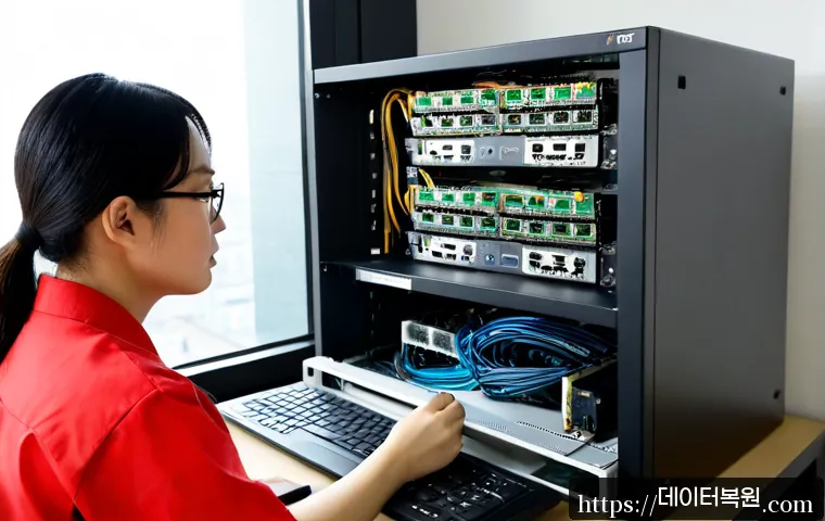 아현동 ftp서버출장방문수리점 - Photorealistic IT technician performing onsite FTP server repair in a compact Ahyeon-dong office, op...
